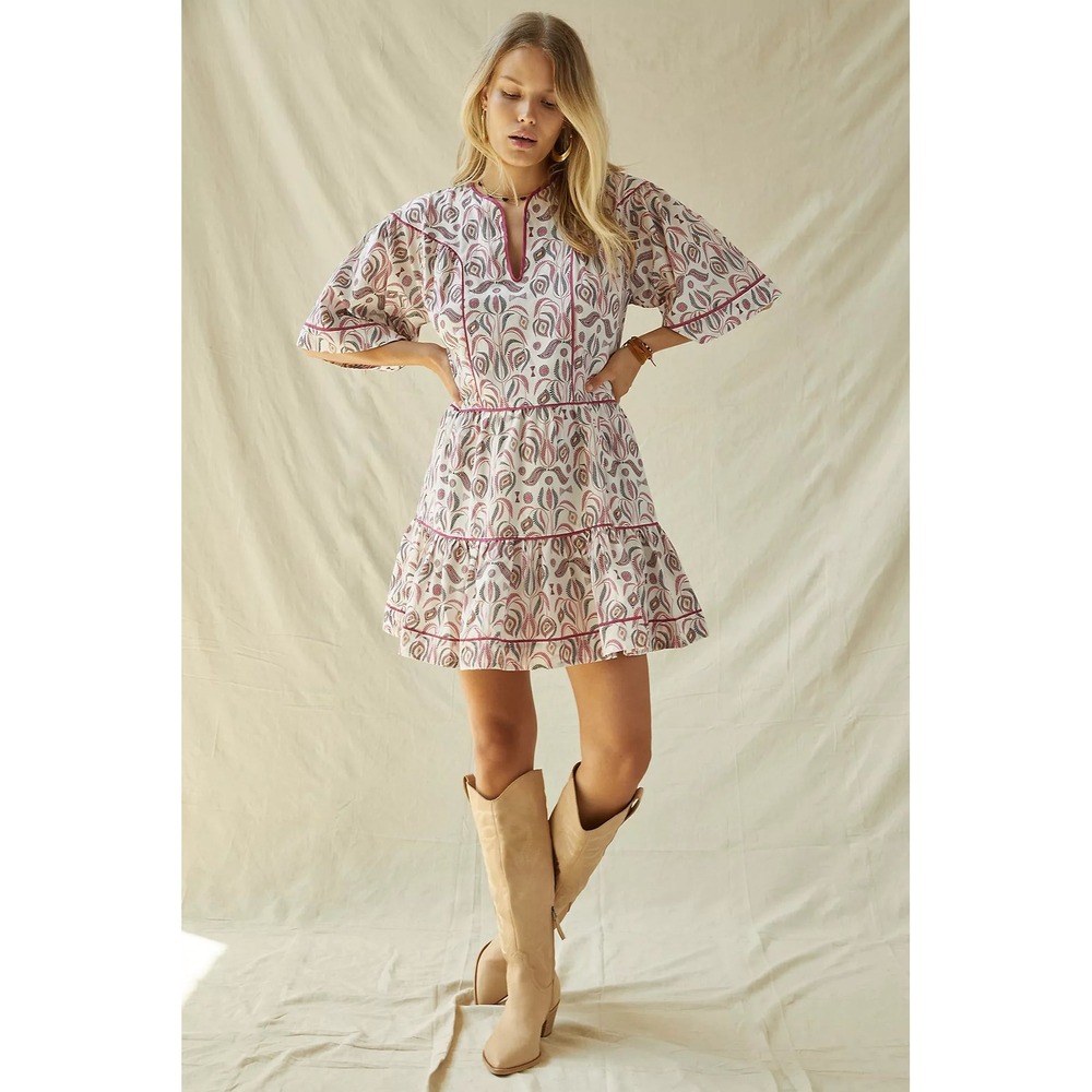 Magali Pascal Tiered Mini Dress Medium Paisley Print Split Neck Casual